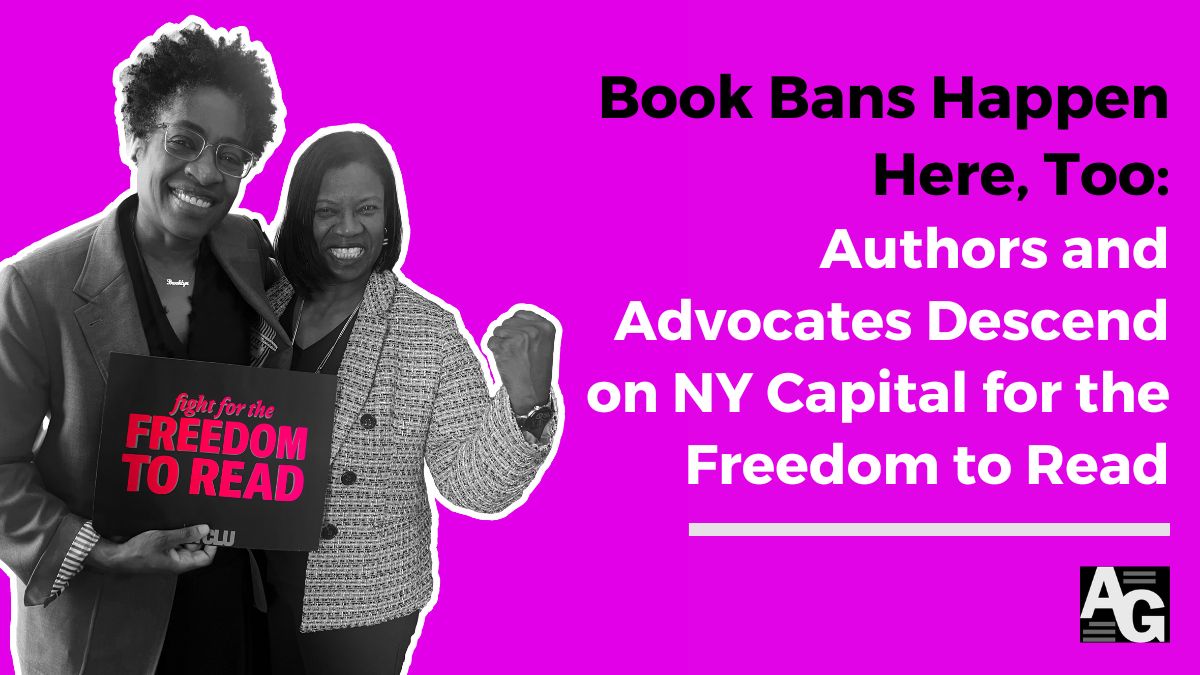 Pink background with general counsel Cheryl Davis posing with author Jacqueline Woodson