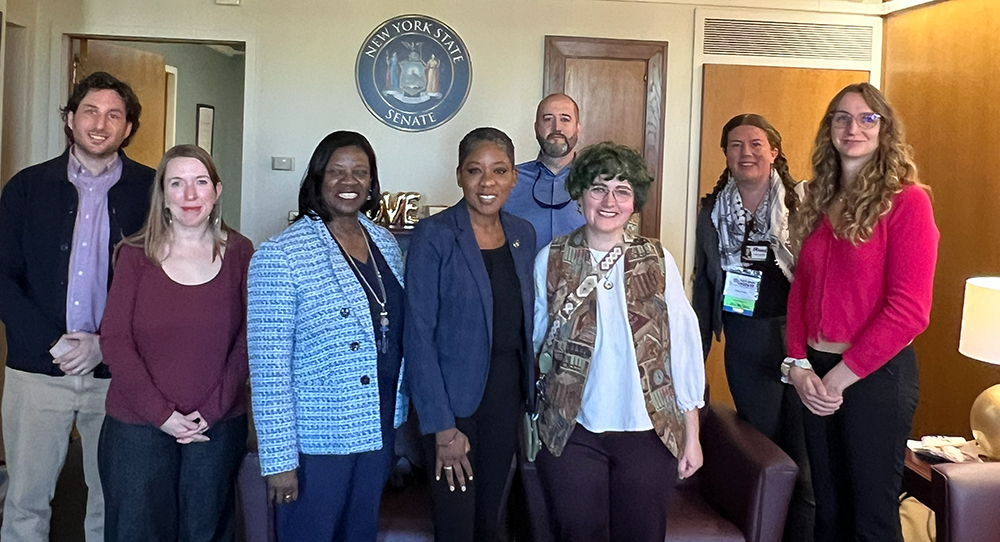 (Left to Right) Dan Novack (Penguin Random House), Suzanna Hermans (Oblong Books), Cheryl L. Davis (Authors Guild), New York State Senator Siela A. Bynoe (Chair, Senate Standing Committee on Libraries), Sarah LuAnn Perkins (Authors Against Book Bans), Justin Harrison (NYCLU), and Philomena Polefrone (American Booksellers Association).
