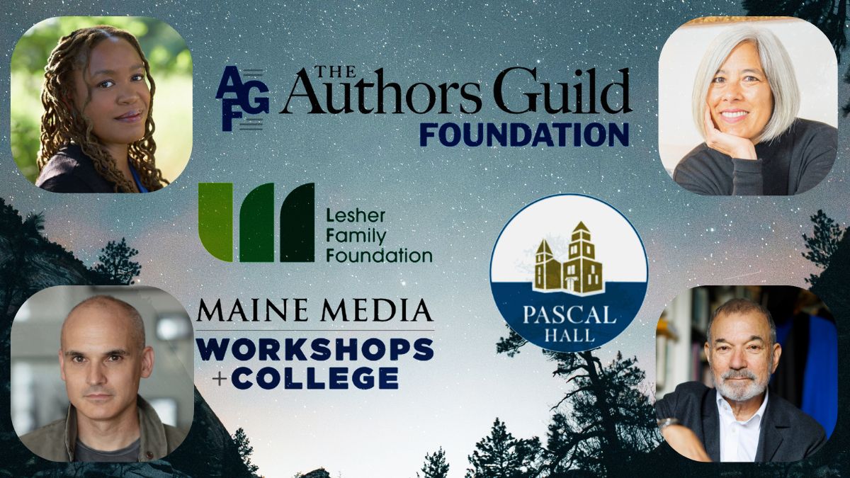 Starry night background with four author photos announcing the fifth season of Pascal Hall reading series in Rockport, ME.