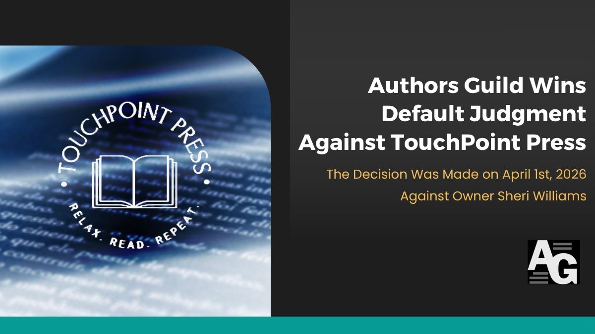 Black background with grey gradient and a blue hazy image of the Touchpoint Press colophon and the header "Authors Guild Wins Default Judgment Against Touchpoint Press"