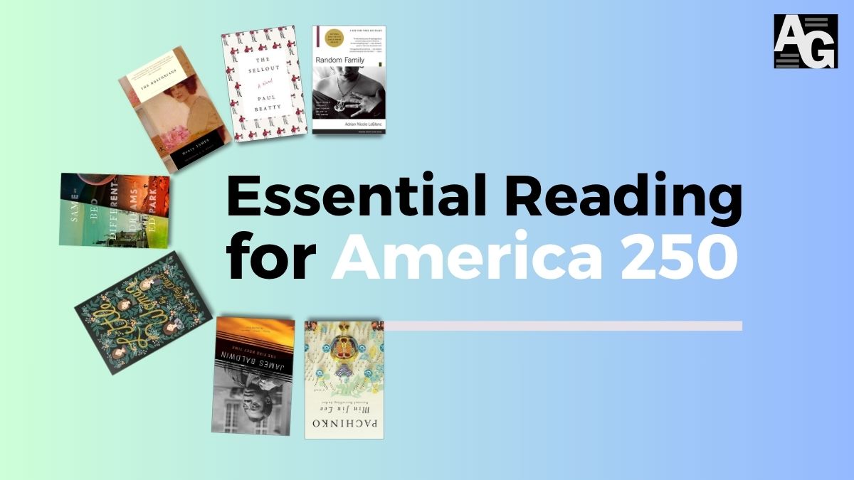 Book covers arrayed in a half circle around the headline Essential Reading for America 250