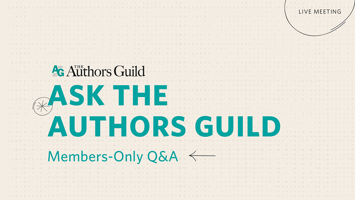 A yellow canvas background with green text that announces "Ask the Authors Guild" question and answer webinar session