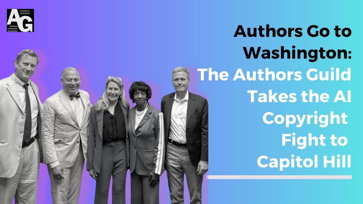 purple and blue background with a black and white cutout of a picture of Authors Guild employees set to the header "Authors Go to Washington: The Authors Guild Takes the AI Copyright Fight to Capitol Hill"