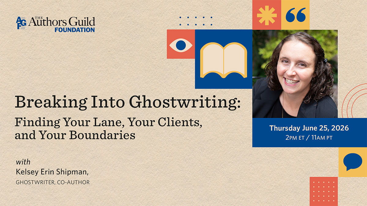 Brown background with abstract shapes and an author photo of Kelsey Shipman, announcing "Breaking Into Ghostwriting"