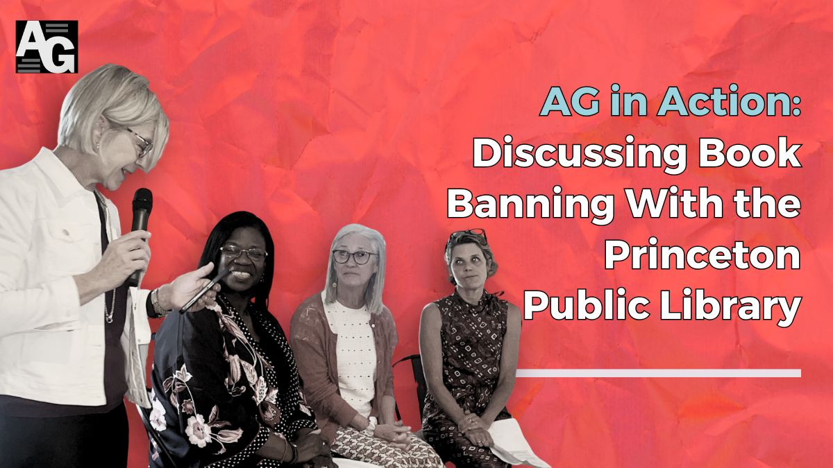 Red background with a grouping of attendees and a header that reads "AG in Action: Discussing Book Banning at the Princeton Public Library"