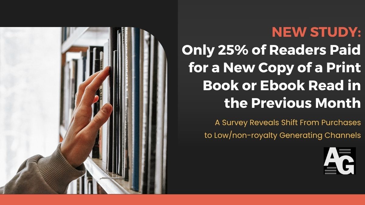 Black-grey fading background with an image of a hand reaching to a bookshelf with a header that announces "New Authors Guild Study" and "Only 25% of Readers Paid for a Book in the Last Month"