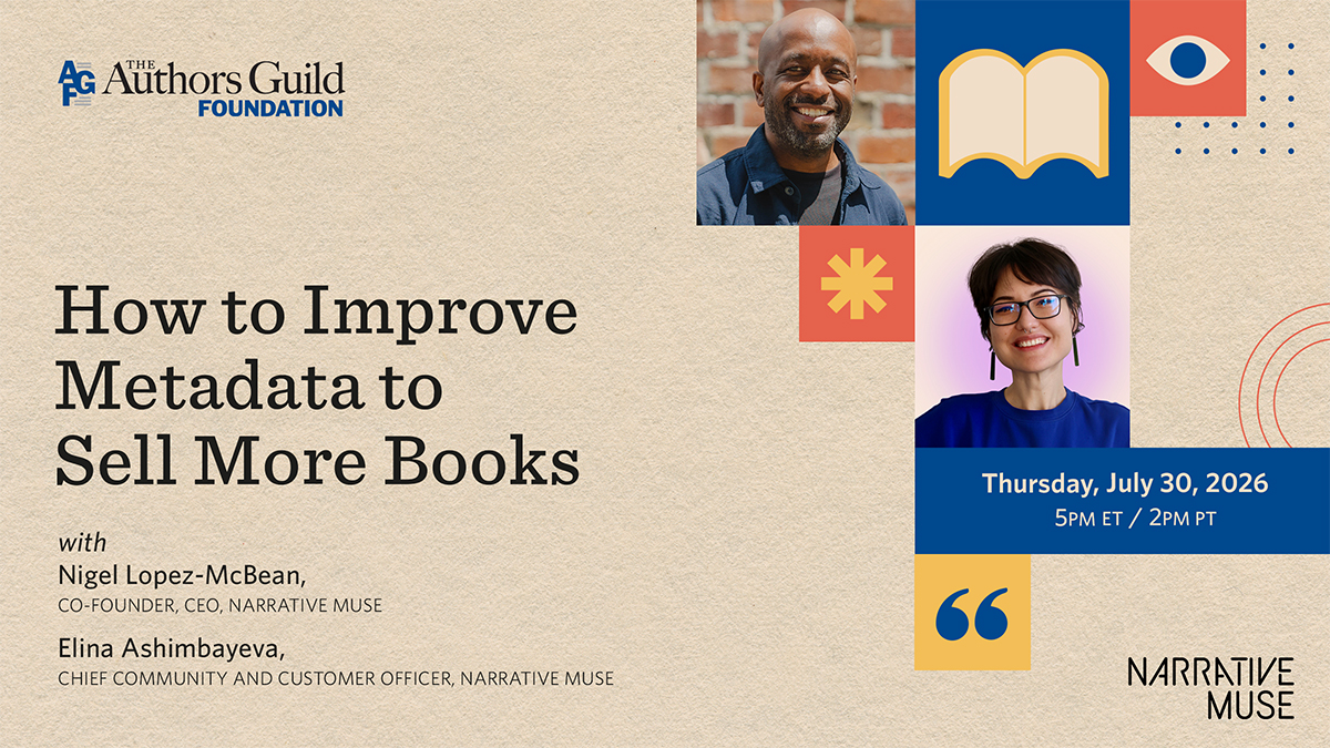 Light brown background with author photos and a minimalistic blue and orange design announcing a webinar focusing on "How to Improve Metadata to Sell More Books"