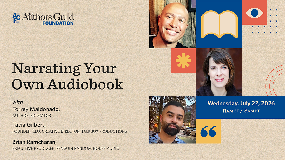 Tan background with author photos and minimalistic pattern of blue and red shapes with the header announcing "Narrating Your Own Audiobook"