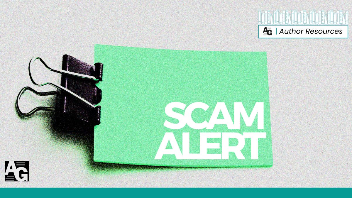 Paper clip with green Post-It and text reading "Scam Alert" as part of the Authors Guild's Author Resources