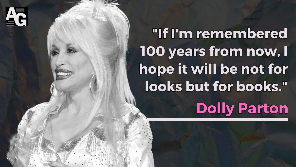 Black background with black and white image of artist Dolly Parton