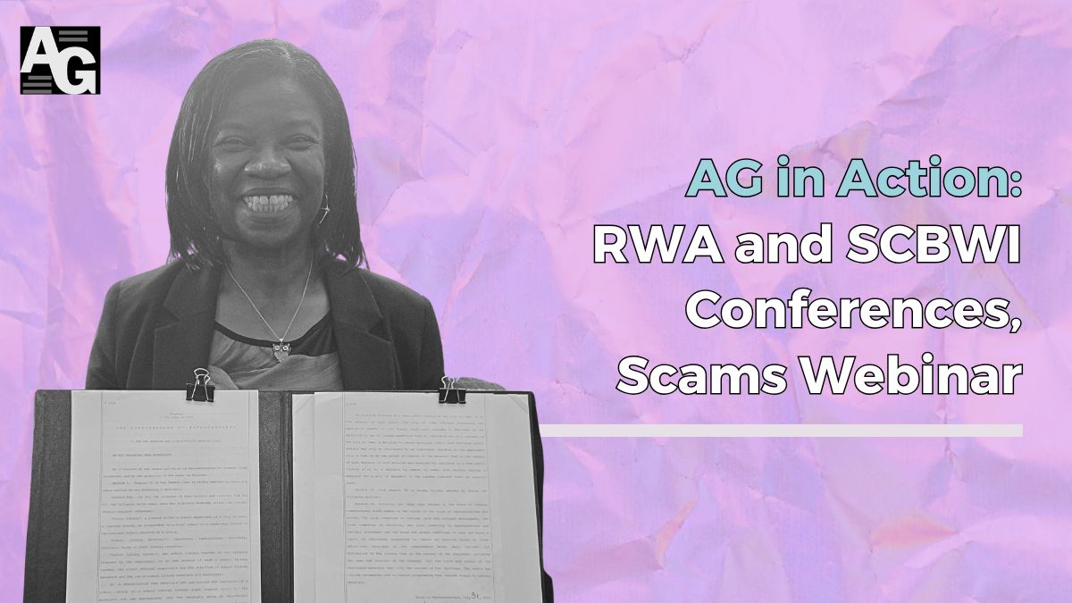 Pink background with crumpled paper texture, image of Authors Guild general counsel Cheryl Davis posing at recent event, header details latest AG in Action update, August 2026