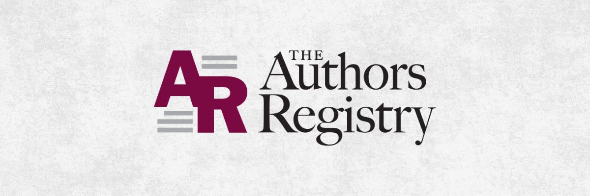 Logo of the Authors Registry with maroon initials AR on a gray textured background