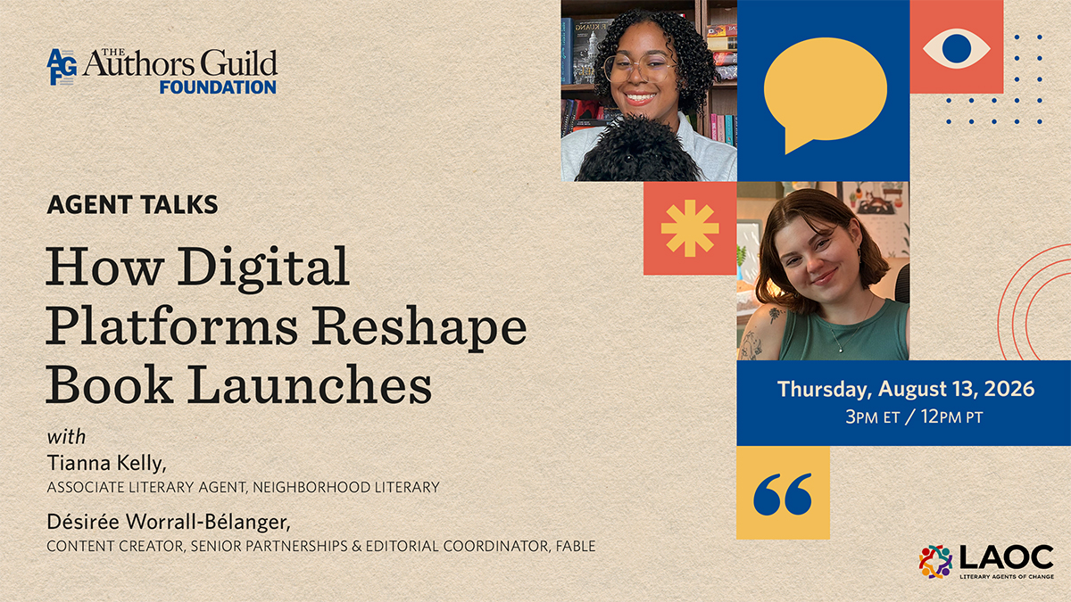 Tan background with author photos announcing Agent Talks series on "How Digital Platforms Reshape Book Launches"