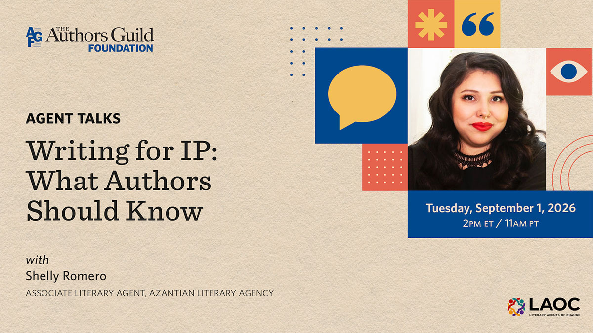 Light brown background with minimalistic design featuring a literary agent bio image alongside header for "Agent Talks" series on Writing for Intellectual Property