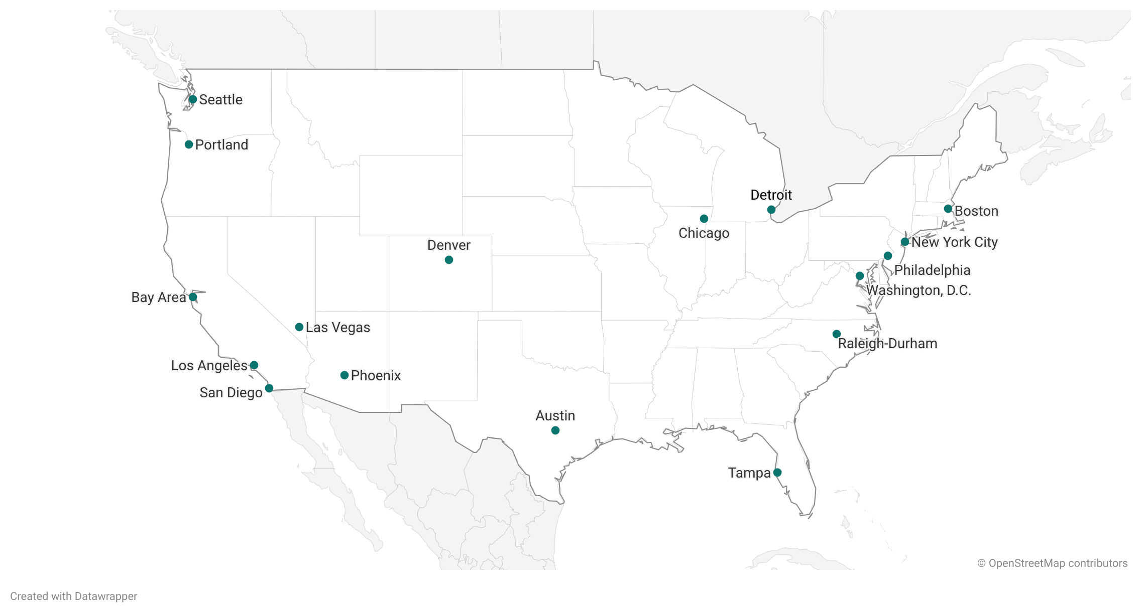 United States map with teal dots showing regional chapter locations (listed below)