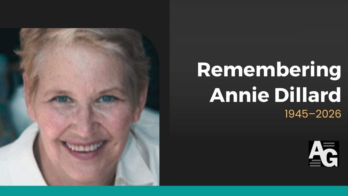 Black background with author photo and header that reads "Remembering Annie Dillard"