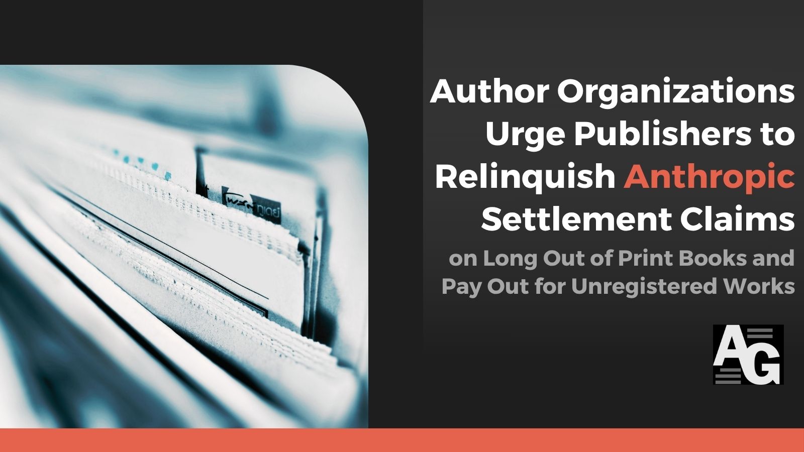 Black background with slightly washed out image of a stack of old documents and the header that reads "Authors Guild Statement to Publishers on Anthropic Settlement"