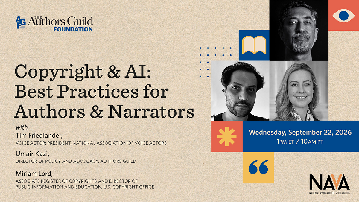 Tan background with minimalistic design and author photos and the title "Copyright & AI: Best Practices for Authors & Narrators"
