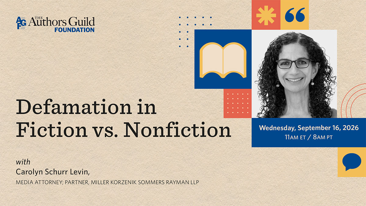 Brown background with minimalistic design featuring an author photo, header text that reads "Defamation in Fiction vs. Nonfiction"