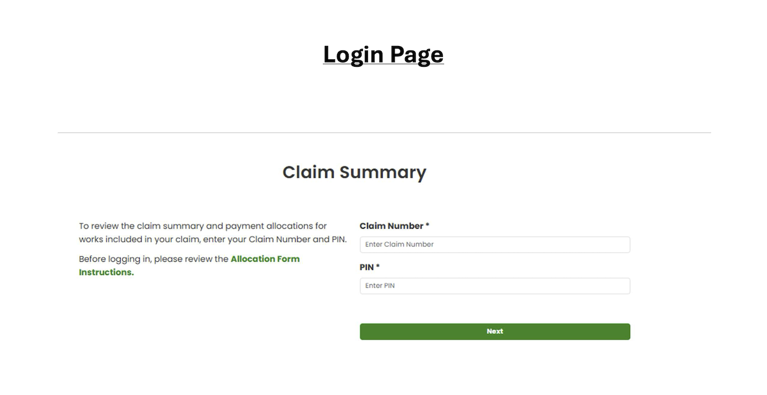Screenshot of the Claim Summary login page, requiring a claim number and PIN to continue