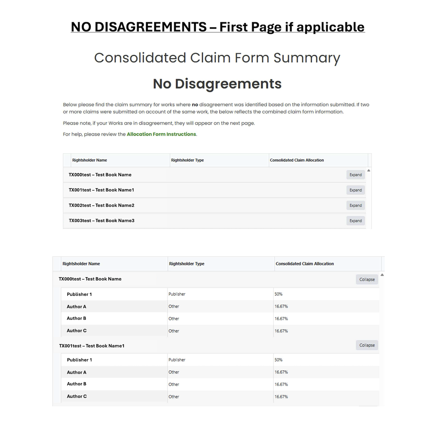 Screenshot of the Consolidated Claim Form Summary page showing works where no disagreement was identified