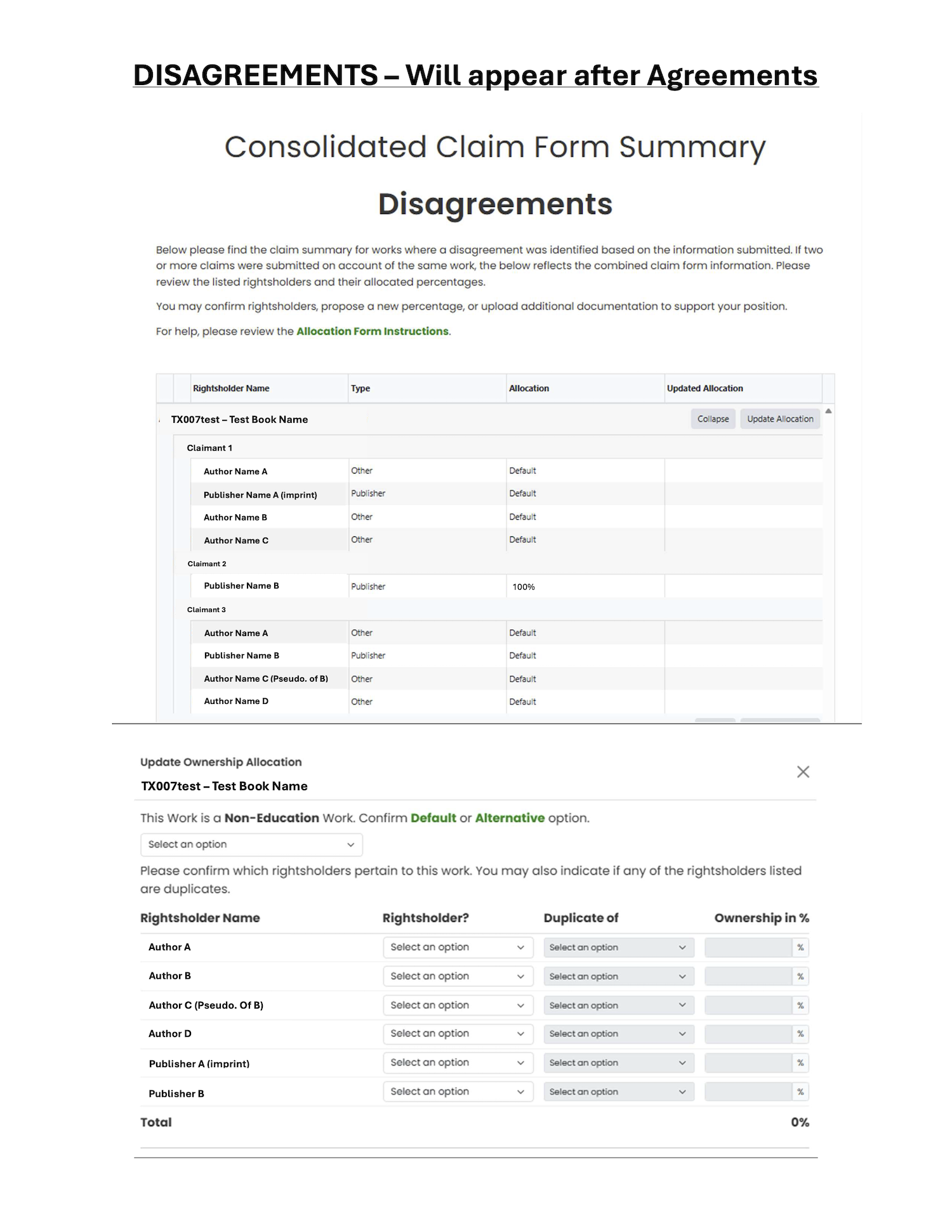 Screenshot of the Consolidated Claim Form Summary showing works where a disagreement was identified