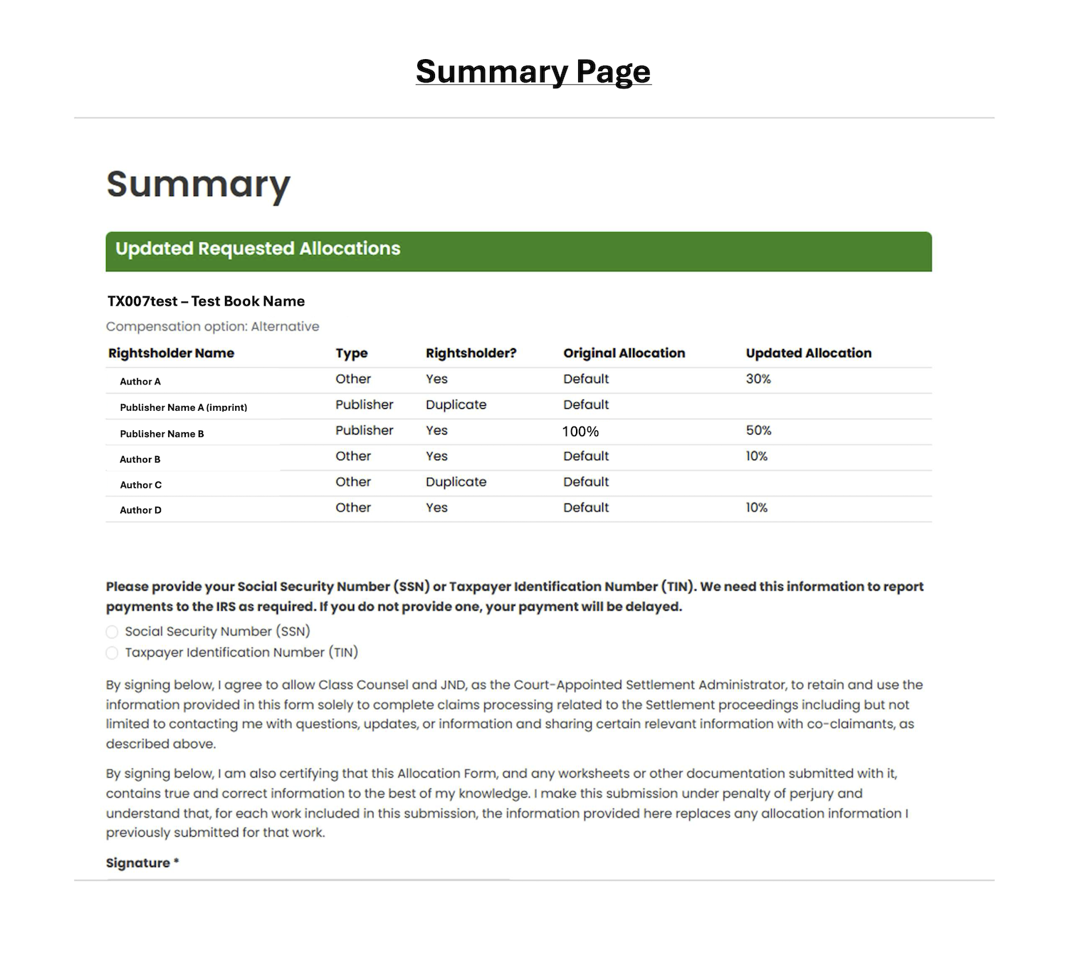 Screenshot of the Summary page with updated requested allocations, requiring an SSN/TIN and signature to continue
