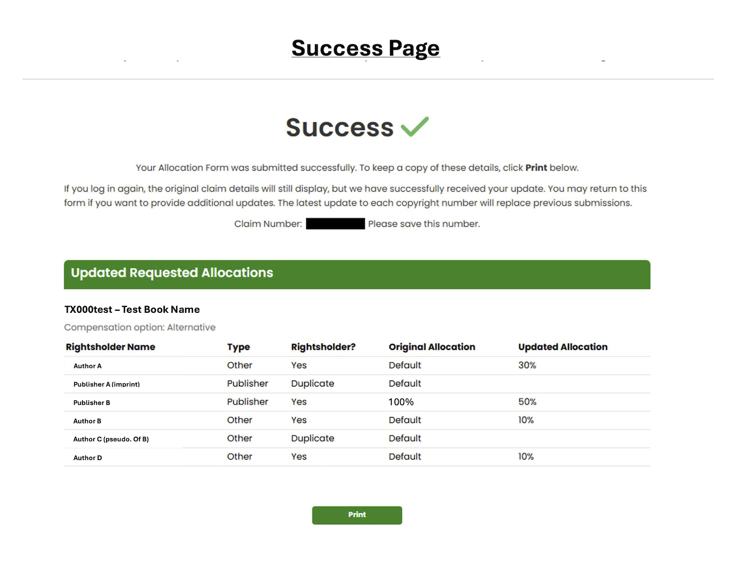 Screenshot of the Success page with updated requested allocations