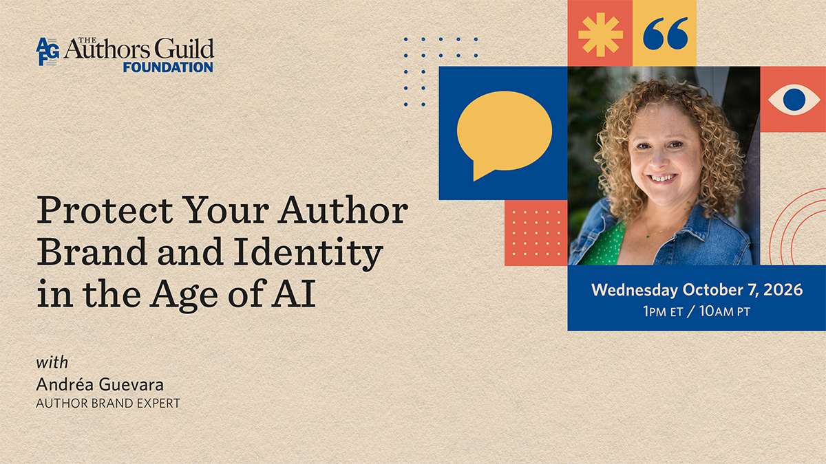 Tan background with minimalistic design and a header that reads "Protect Your Author Brand and Identity in the Age of AI"