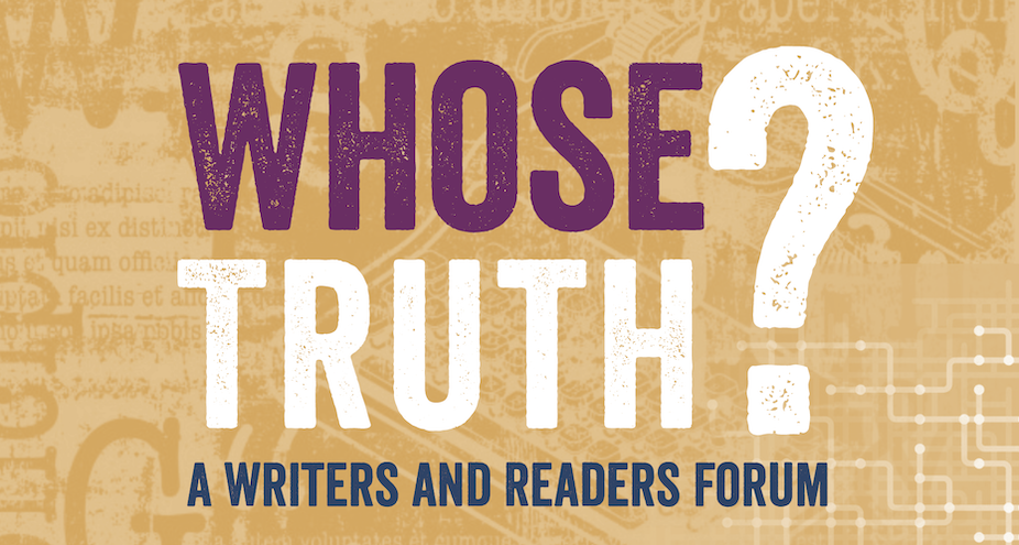 Yellow textured banner with the title whose truth in purple and white