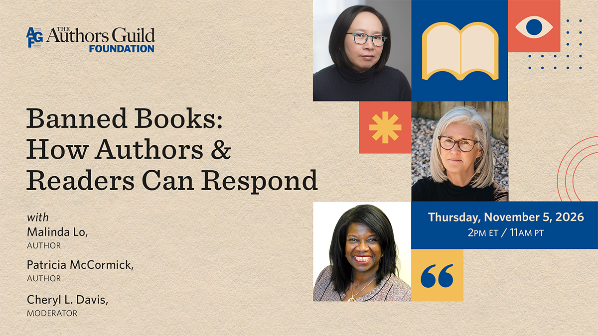 Tan background with minimalistic design and author headshots, headline that reads "Banned Books: How Authors and Readers Can Respond"