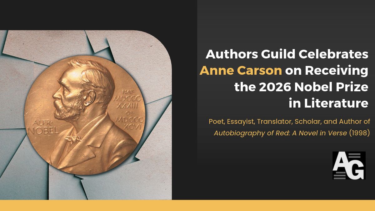 Black background with image of the Nobel Prize medal and a header that reads "Authors Guild Congratulates Anne Carson on Receiving the 2026 Nobel Prize in Literature"