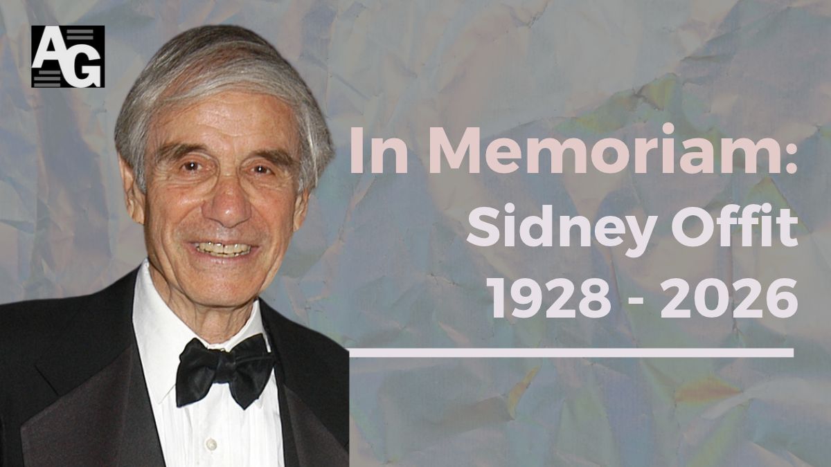 Grey-silver-brown background with crumpled paper texture with author photo and header that reads "In Memoriam: Sidney Offit 1928-2026"